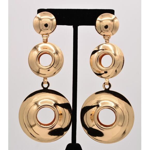 Vintage Chunky Dangle Earrings Shiny Gold Tone Puffy Metal Bold Long 1990s BinZ - Picture 1 of 12